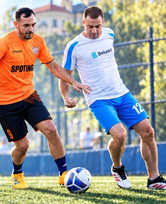 Două echipe din Liga Firmelor disputând mingea pe terenul de la Păulești